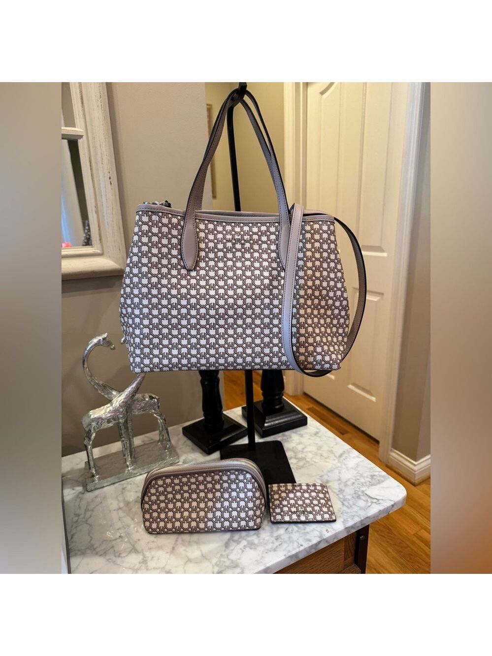 Kate Spade - 3 Piece Bundle - Gray/Taupe/White Tote Cosmetic Case & Card Holder
